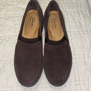 Clarks Women’s Dark Brown Suede Wedge Loafers